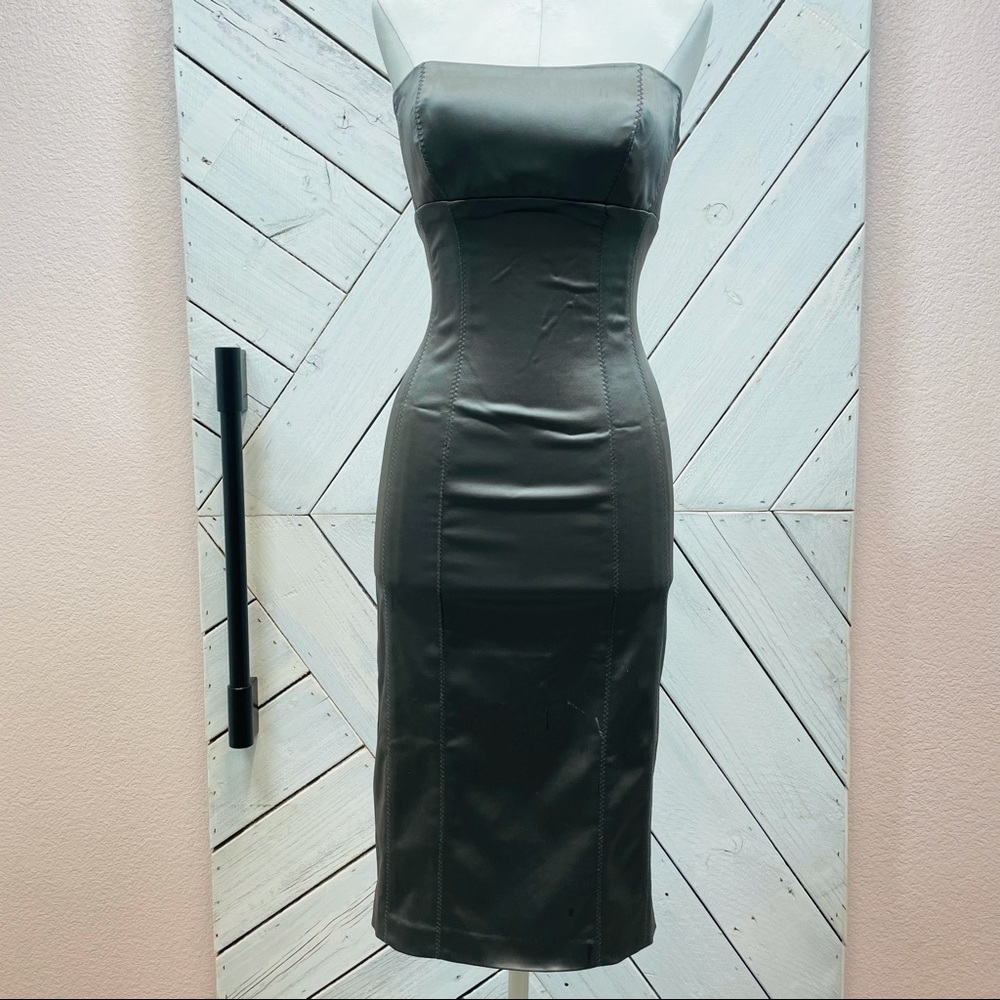 BEBE Grey Satin Strapless Mini Dress